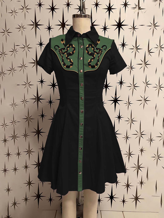 Snake 3d Faux Beaded Embroidery Printed Shirt Dress