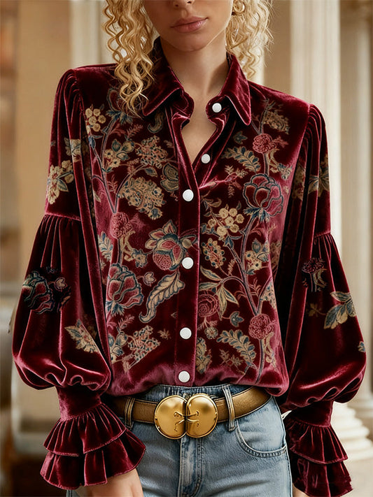 Vintage Floral Print Velvet Top