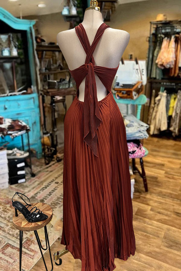 Deep Rust Pleated Halter Neck Maxi Dress