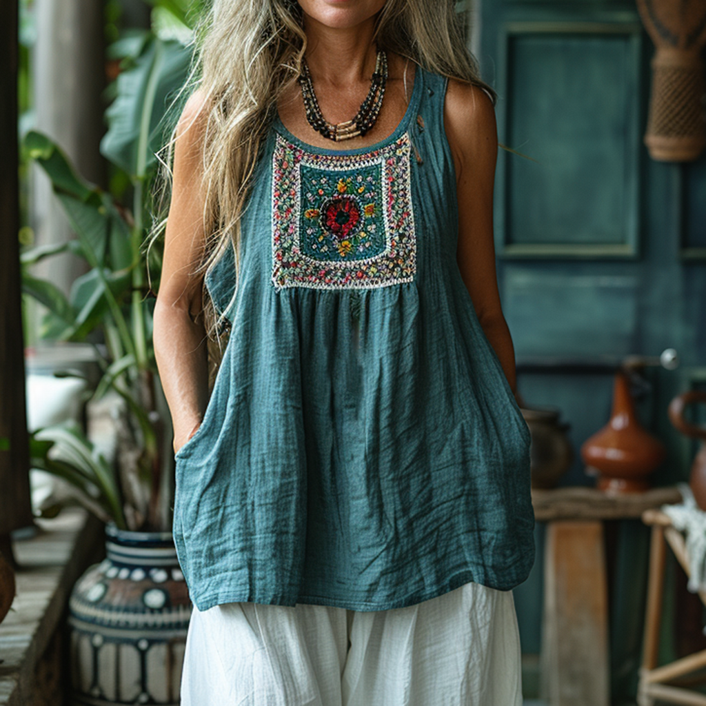 Retro Loose, Comfortable And Breathable Ethnic Style Linen V-neck Suspender Sleeveless Top