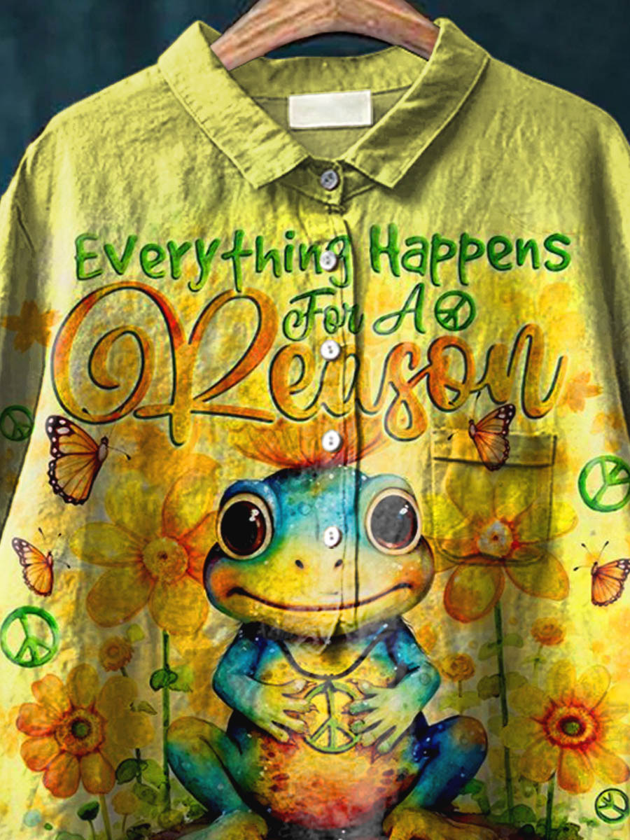 Everything Happens For A Reason Just Because Peace And Love Frog Art Pattern Print Casual Cotton And Linen Shirt