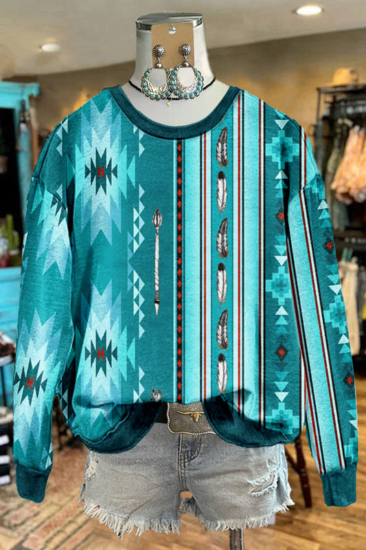 Retro Turquoise Western Totem Print Sweatshirt