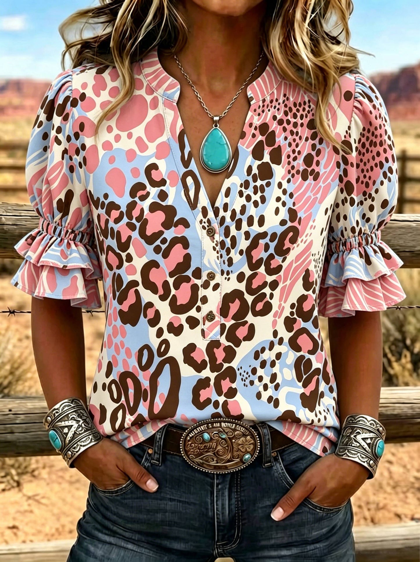 Women's Leopard Print Puff Sleeve Casual Shirt