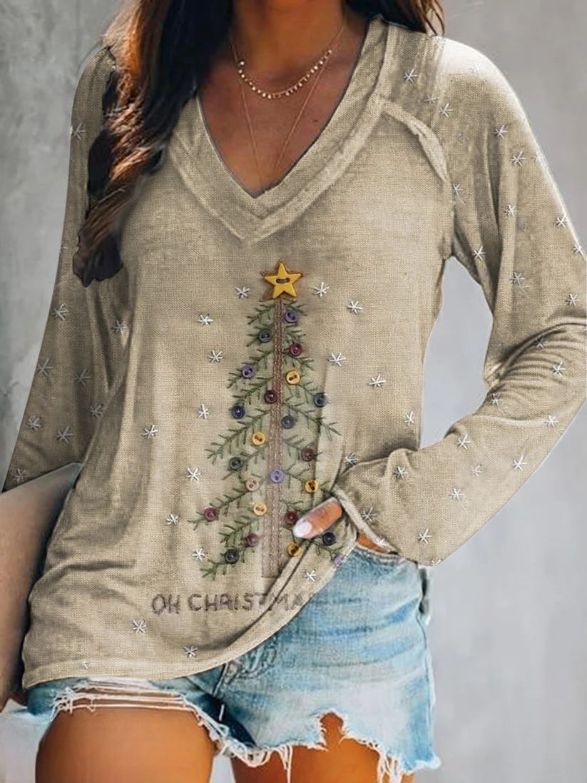 Women's Vintage Christmas Tree Art Print Casual V Neck Long Sleeve Tops