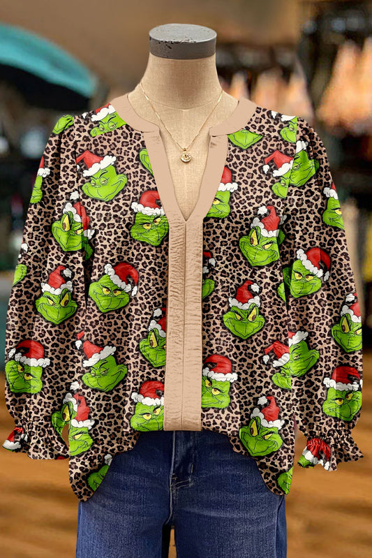 Christmas Grinch Leopard Print Contrast Panel V-neck Top