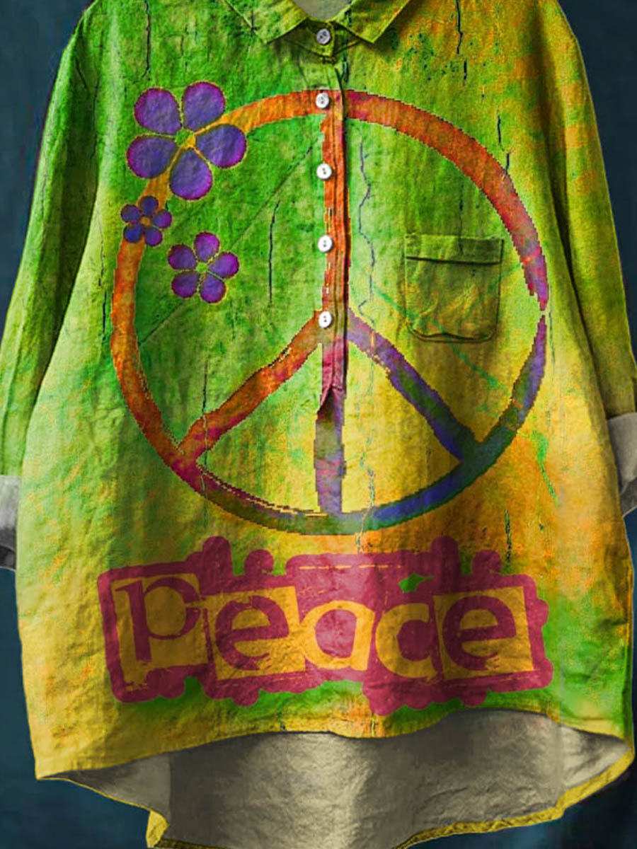 Vintage Peace And Love Art Print Casual Cotton And Linen Shirt