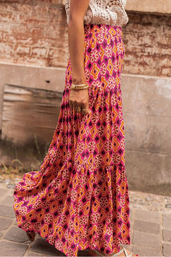 Rose Vintage Boho Floral Print Tiered Maxi Skirt