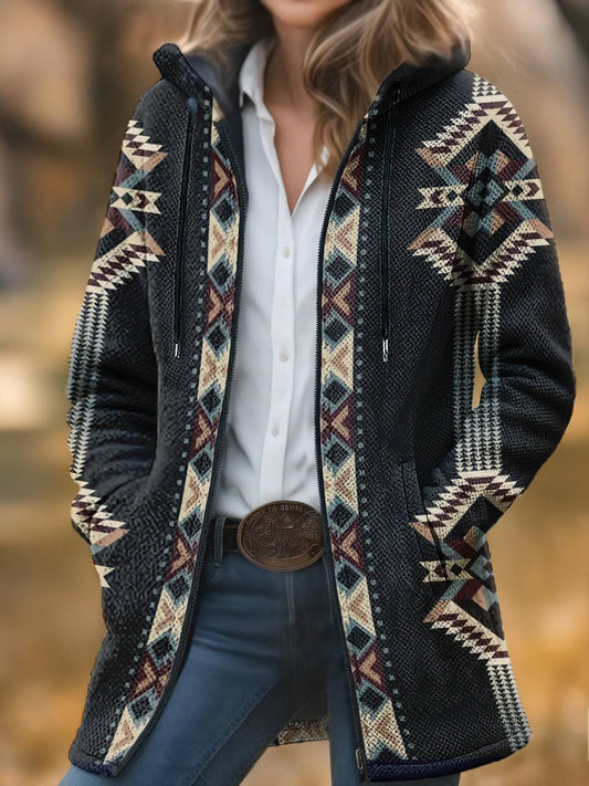 Aztec Print Unisex Plush Thick Long-Sleeved Cardigan Coat