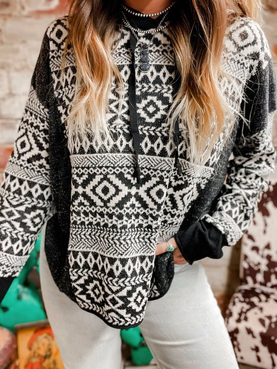 Western style ethnic print sweater