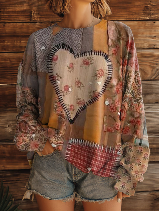 Women's Vintage Heart Pattern Art Print Casual Crew Neck Sweatshirt