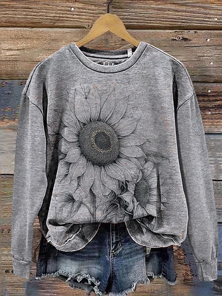 Women's Retro Texture Sunflower Print Casual V-neck T-shirt