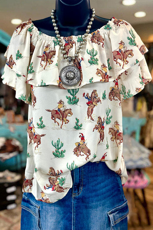 Retro Ruffle Cactus Cowboy Print Top