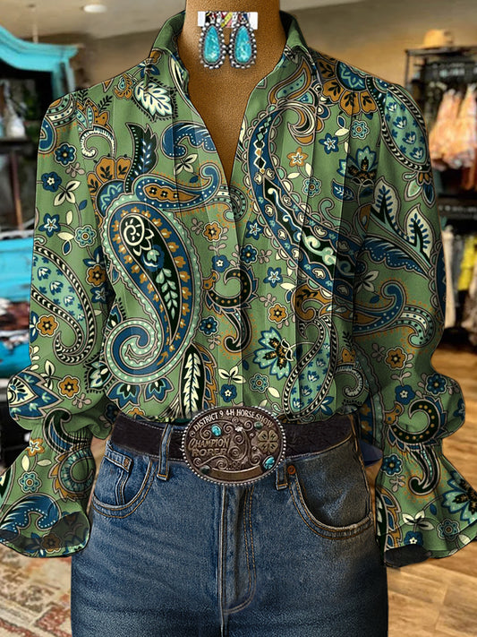 Vintage Paisley Print Casual  Cotton And Linen Shirt