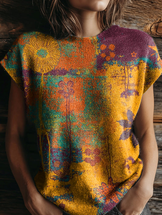 Women's Retro Floral Pattern Artistic Print Round Neck Casual Short-sleeved Knitted Sweater