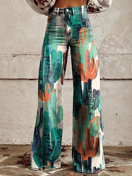 Women's Retro Pattern Print Casual Wide Leg Pants