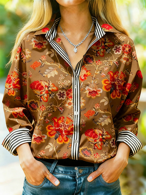 Vintage Floral Print Striped Long Sleeve Blouse