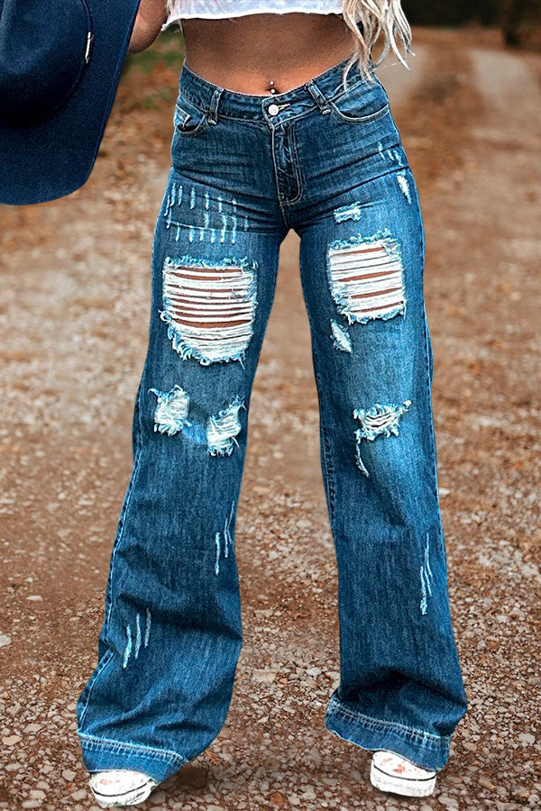 Vintage Washed Ripped Flared Jeans