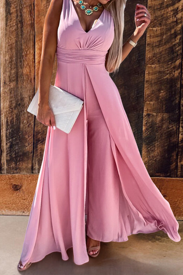 V-Neck Sleeveless Wide Leg Jumpsuit