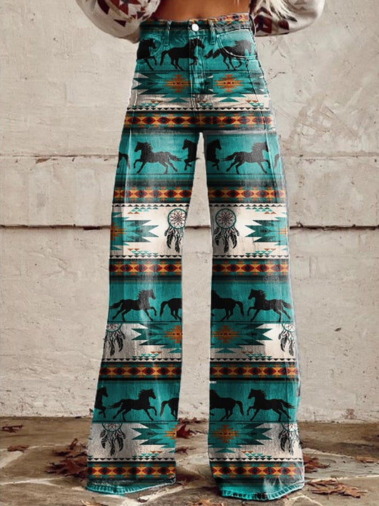 Women's Retro Western Floral Casual Wide Leg Pants