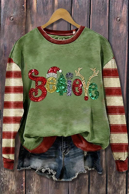 Sweet Christmas Believe Sequin Striped Long Sleeve Sweatshirt