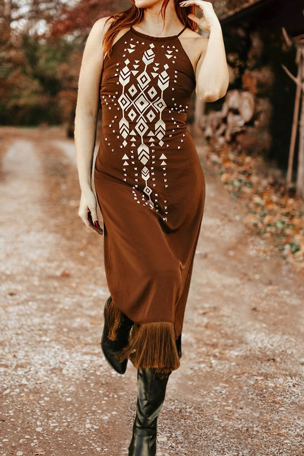 Halterneck Fringed Aztec Print Sleeveless Maxi Dress