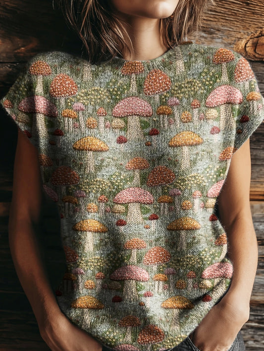 Women's Retro Mushroom Flowers Print Casual Crew Neck Short Sleeve Knitted Sweater