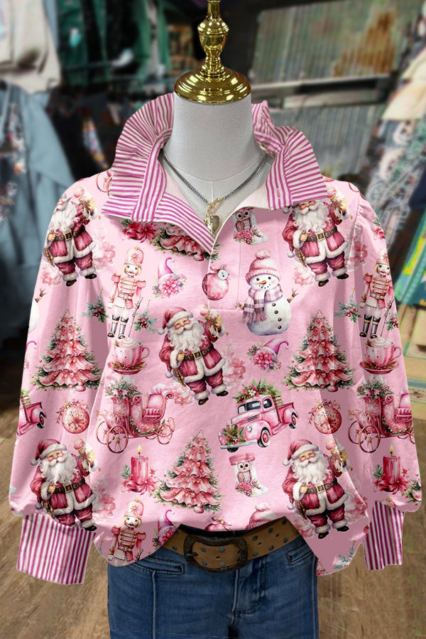 Chic Christmas Santa Print Striped Long Sleeve Top