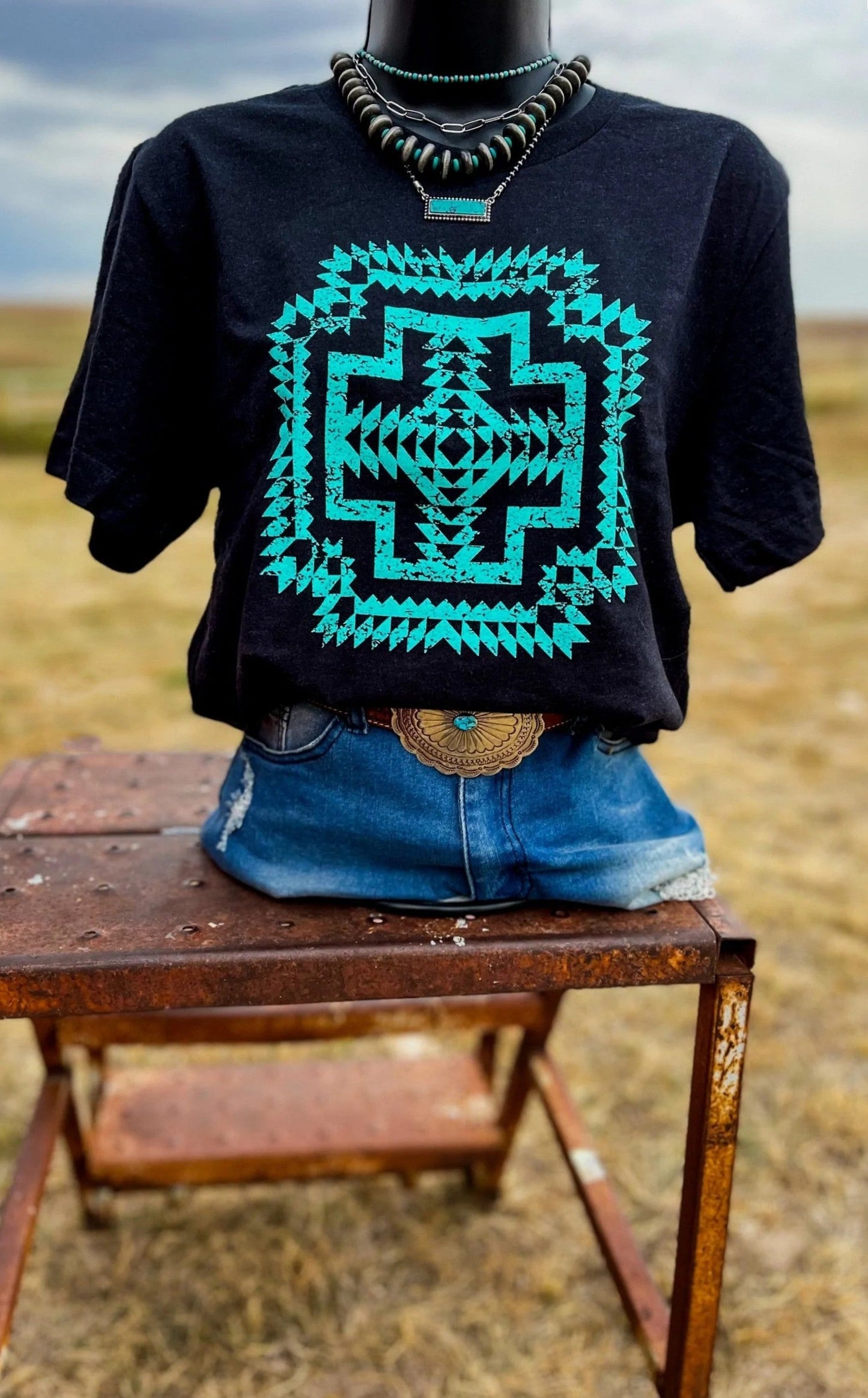 Turquoise Cross Short Sleeve Top