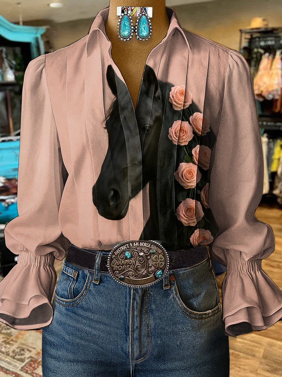 Women's Vintage Art Horse Print Casual  Cotton And Linen Shirt