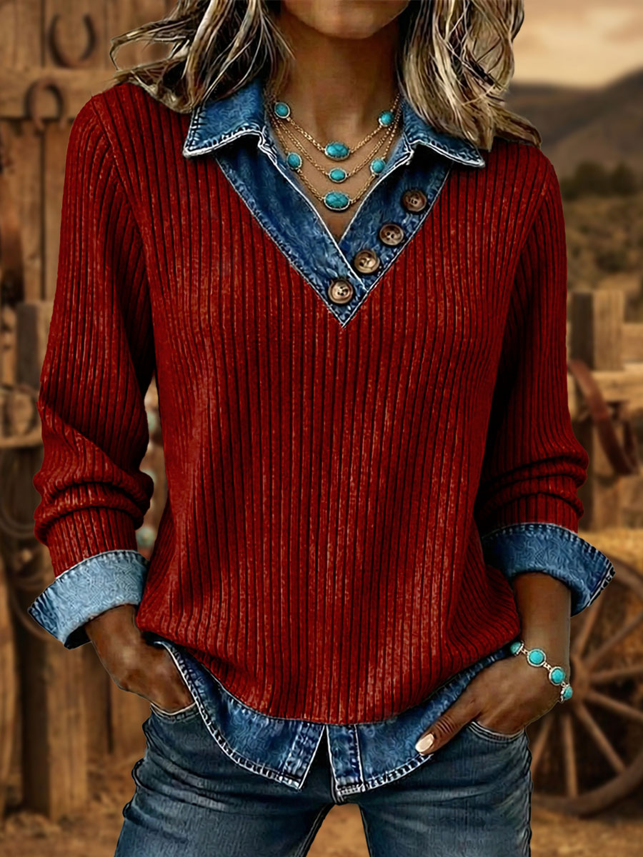 Vintage Aztec Art Print Patchwork Denim Sweatshirt