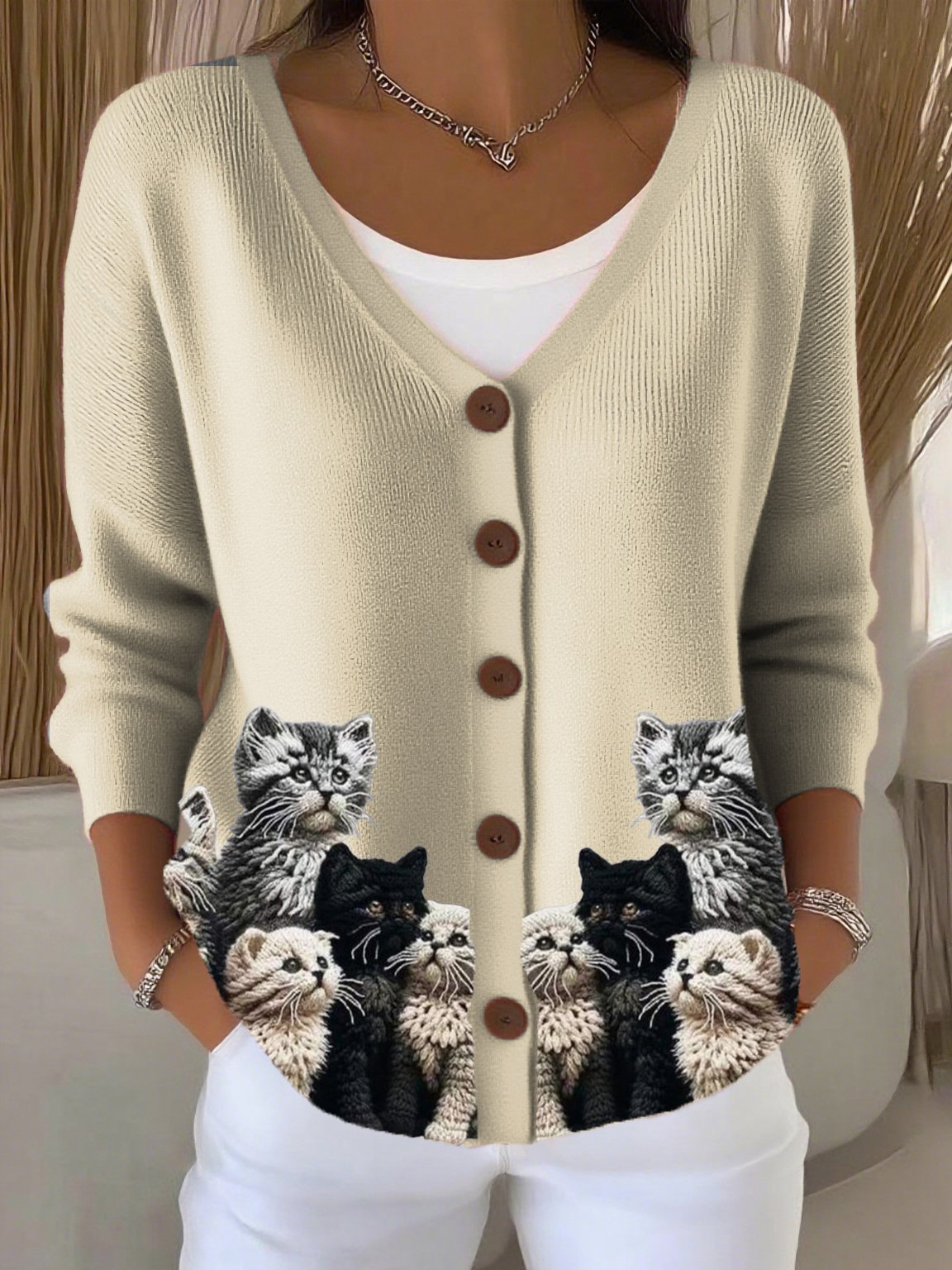 Women's cat print casual cardigan