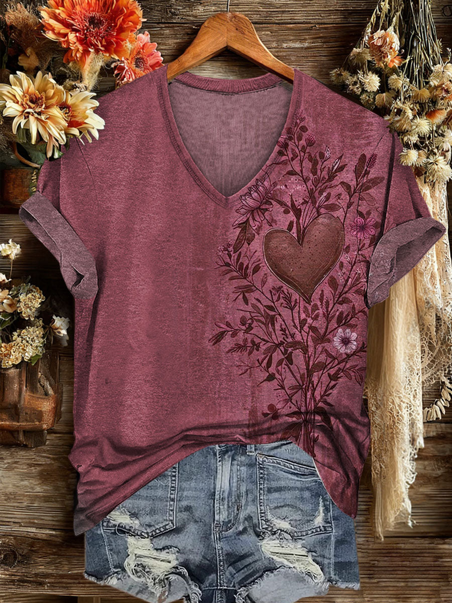 Vintage Hearts Print Casaul Short Sleeve T-shirt