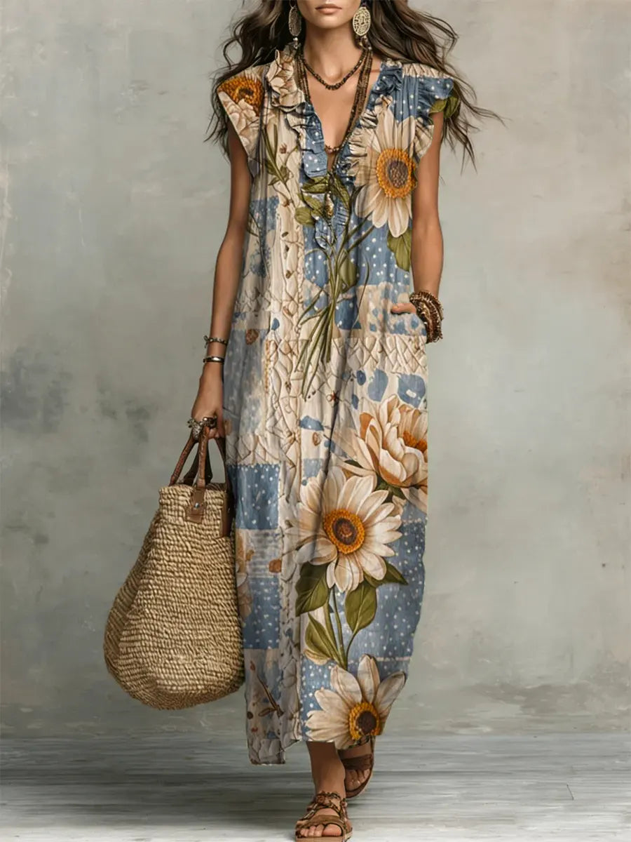 Women's Retro Floral Pattern Art Print Casual Ruffled Stylish Cotton Linen Dress