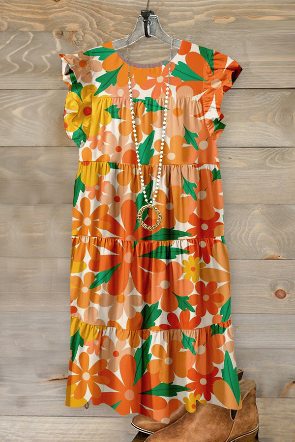 Bright Floral Print Ruffled Pleated Dress