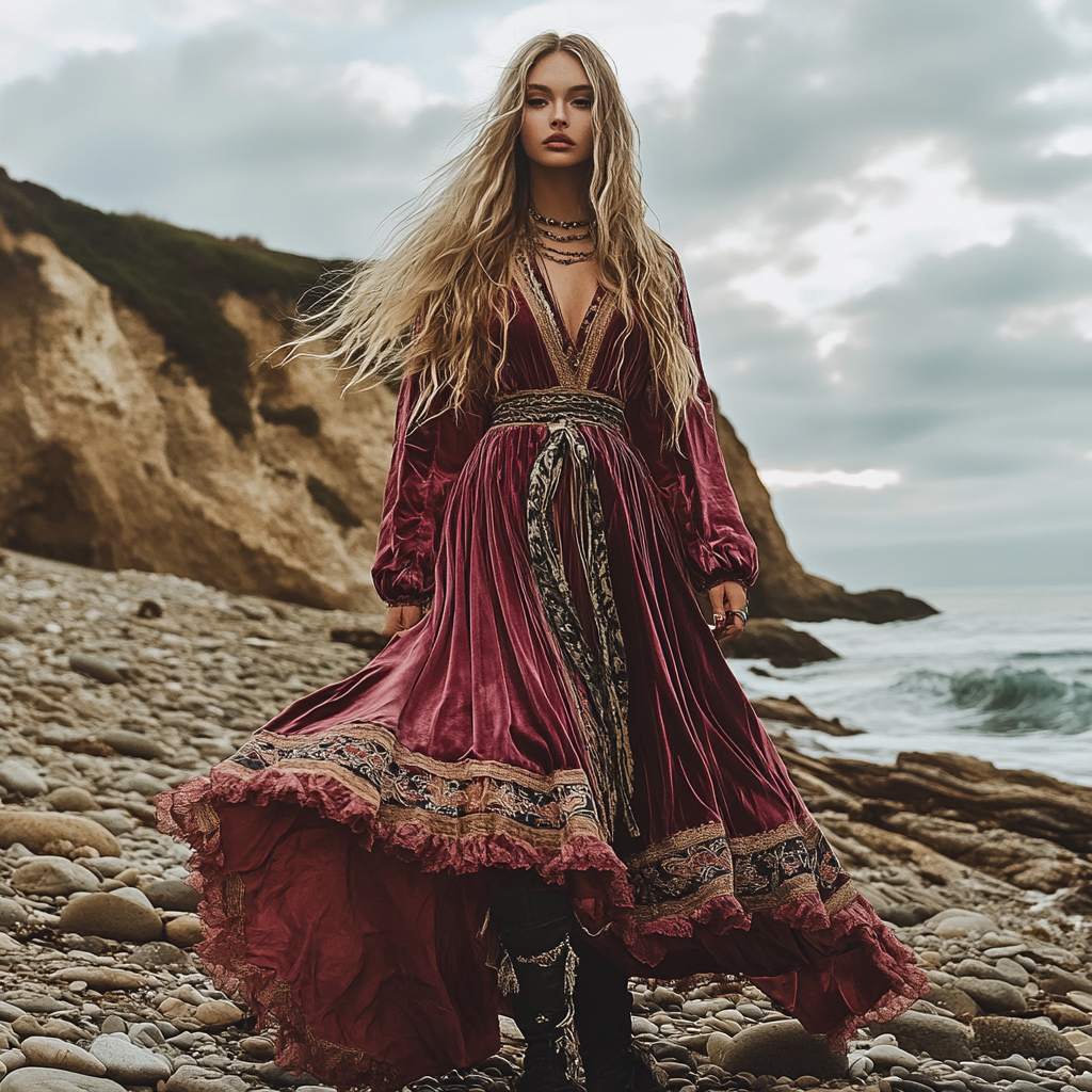 Breezy Bohemian Beach Vacation Autumn And Winter Velvet Ethnic Style Fluttering Dress