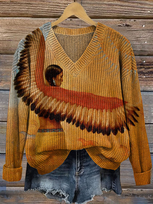 Native American Art Print Casual V-neck Pullover Knit