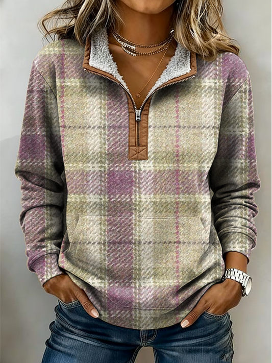 Women's Vintage Plaid Patterns Print Casual Color-blocked Casual Half-zip Cotton Sweatshirt