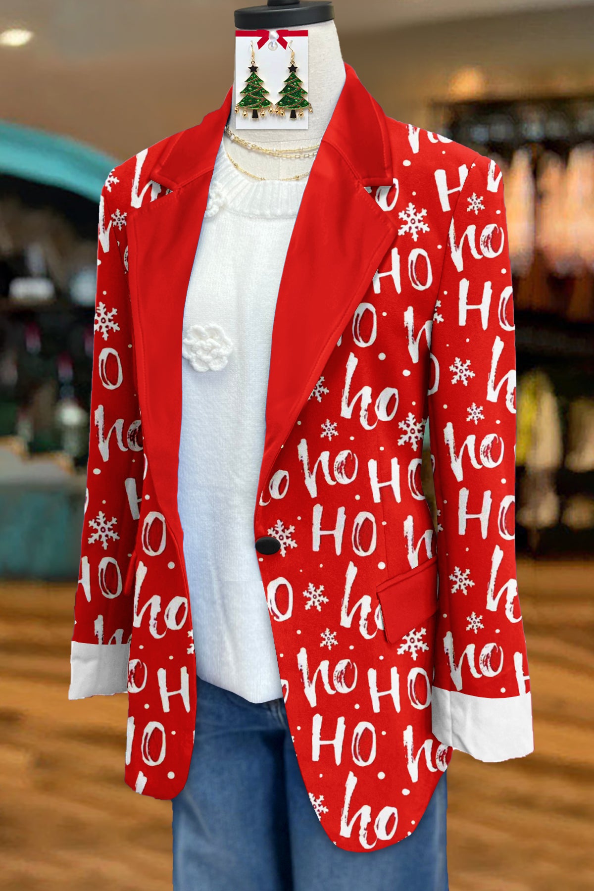 Classic Christmas Print Long Sleeve Blazer