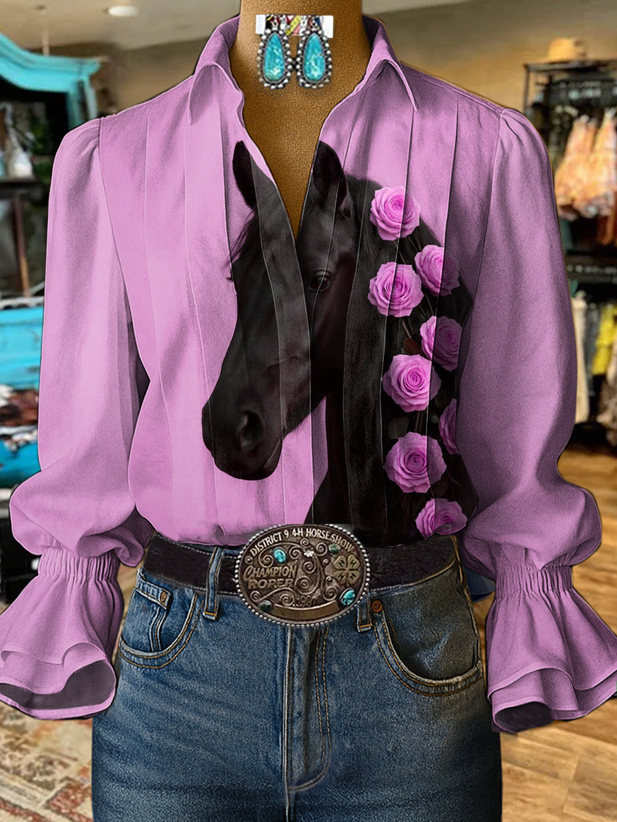 Women's Vintage Art Horse Print Casual  Cotton And Linen Shirt