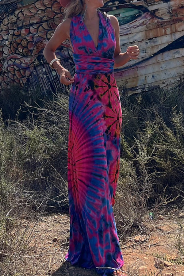 Generate Joy Tie-dye Print V-neck Cross Back Straps Stretch Maxi Dress