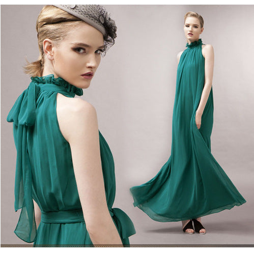 Halter Neck Ruffle Chiffon Maxi Dress | 9 Colors Available Tie Waist Evening Gown