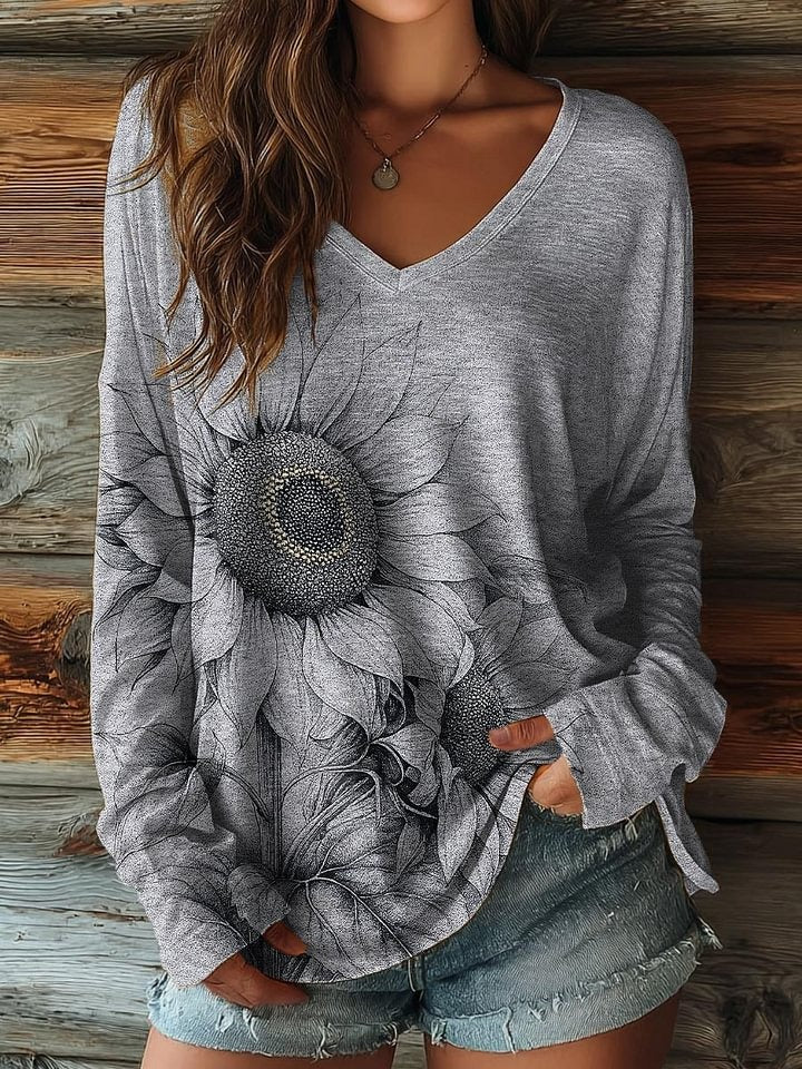 Women's Retro Texture Sunflower Print Casual V-neck T-shirt
