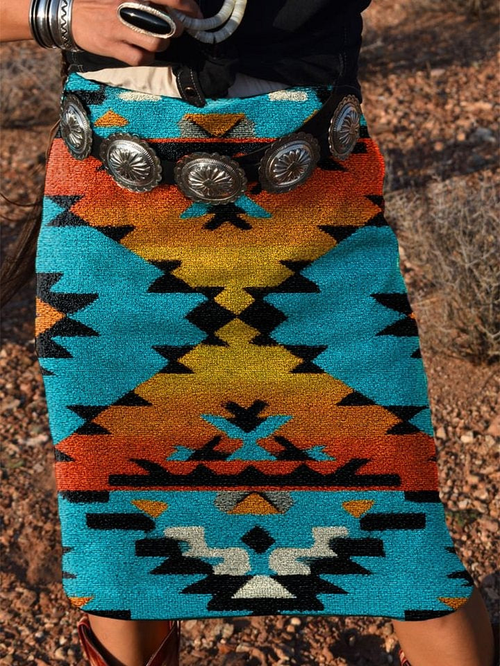 Women's Vintage Ethnic Aztec Print Knitted Skirt