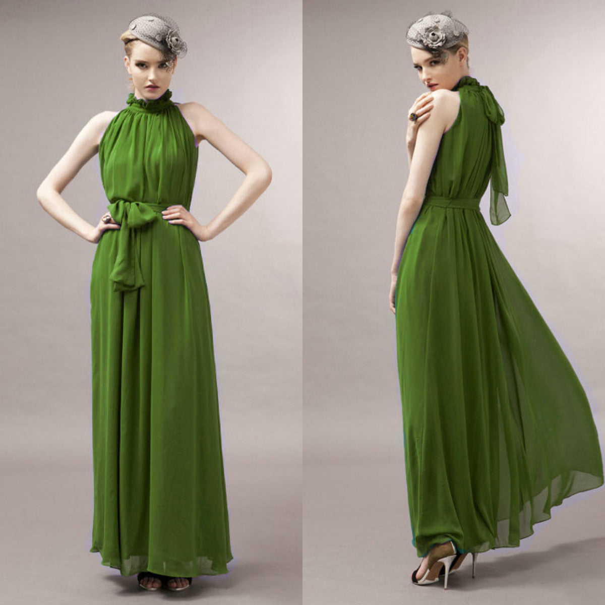 Halter Neck Ruffle Chiffon Maxi Dress | 9 Colors Available Tie Waist Evening Gown