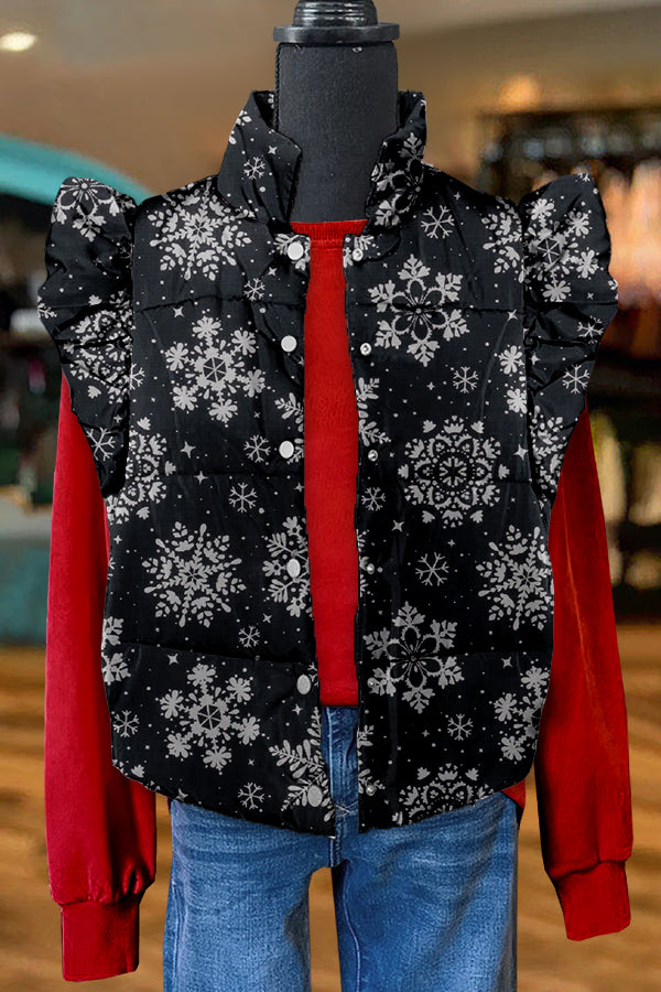 Classic Christmas Snowflake Print Ruffle Vest