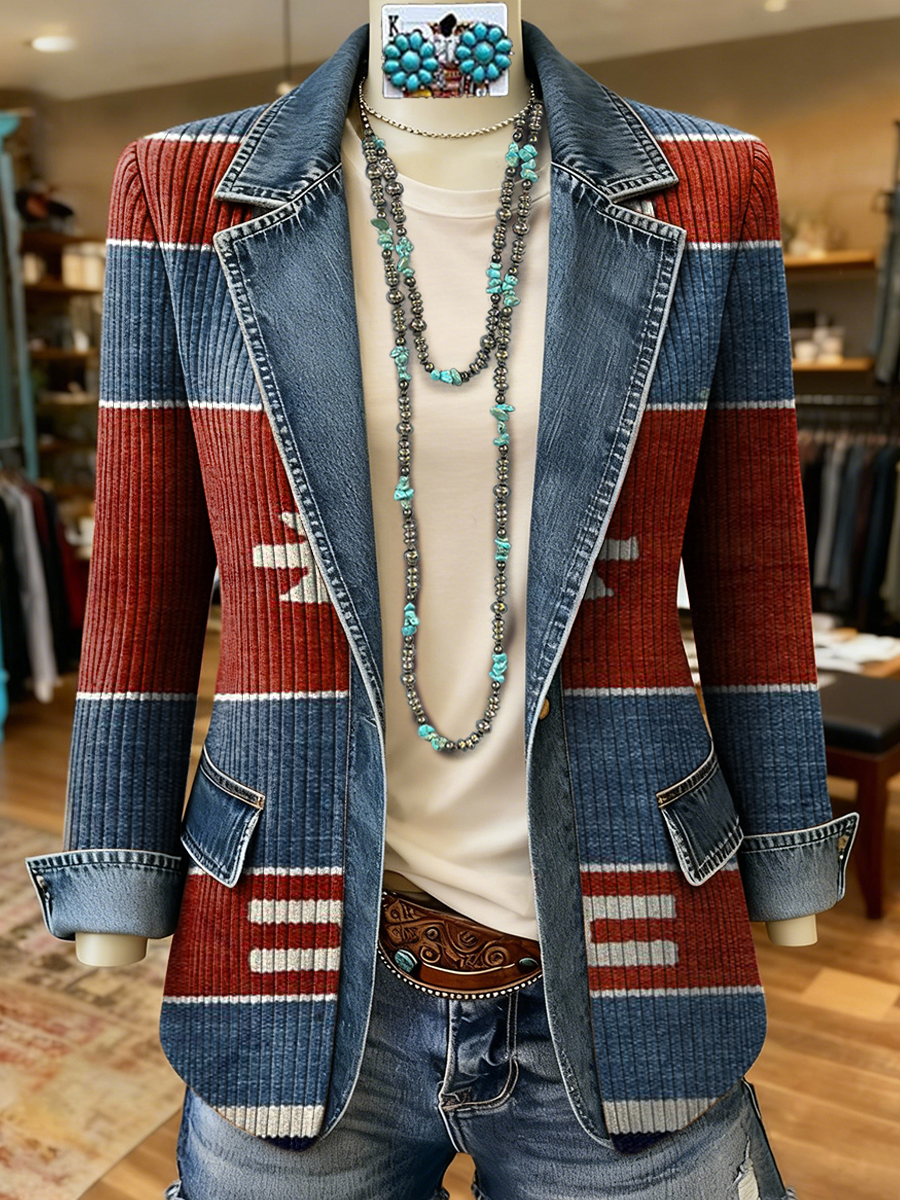 Vintage Aztec Art Print Patchwork Denim Sweater Cardigan Coat