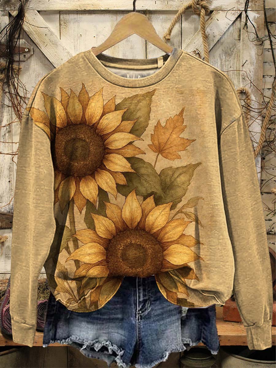 Vintage Sunflower Art Print Casual Cotton Sweatshirt