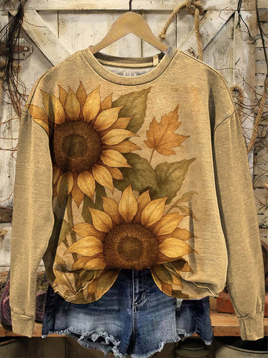 Vintage Sunflower Art Print Casual Cotton Sweatshirt