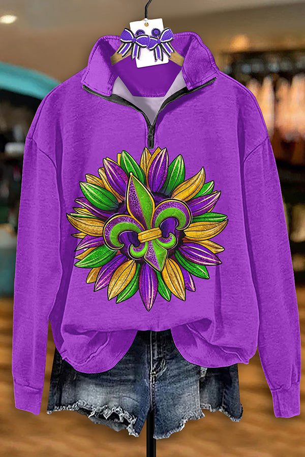 Vintage Mardi Gras Print Zip-Up Sweatshirt