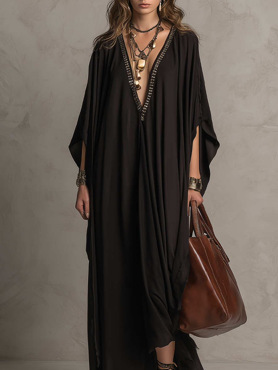 Black Bohemian V Neck Sequined Maxi Dress